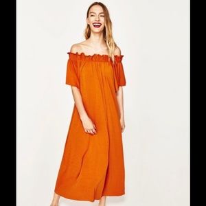 Zara orange off shoulder flowy midi dress